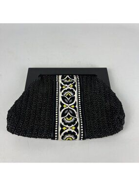 Vera Bradley Black Straw Clutch Purse Fanfare Print Trim Handbag